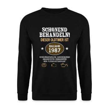 Schonend Behandeln Oldtimer Baujahr 1987 Geboren - Unisex Pullover - Schwarz - Vorne - Alina (178cm) & Michal (187cm)