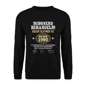 Schonend Behandeln Oldtimer Baujahr 1990 Geboren - Unisex Pullover - Schwarz - Vorne - Alina (178cm) & Michal (187cm)