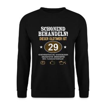 Schonend Behandeln Oldtimer Ist 29 Jahre 29. - Unisex Pullover - Schwarz - Vorne - Alina (178cm) & Michal (187cm)