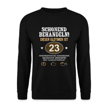 Schonend Behandeln Oldtimer Ist 23 Jahre 23. - Unisex Pullover - Schwarz - Vorne - Alina (178cm) & Michal (187cm)