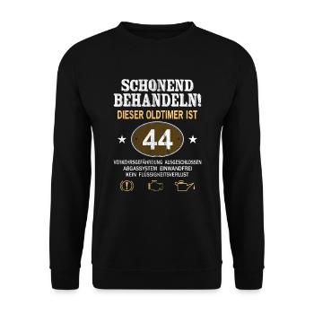 Schonend Behandeln Oldtimer Ist 44 Jahre 44. - Unisex Pullover - Schwarz - Vorne - Alina (178cm) & Michal (187cm)