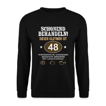 Schonend Behandeln Oldtimer Ist 48 Jahre 48. - Unisex Pullover - Schwarz - Vorne - Alina (178cm) & Michal (187cm)