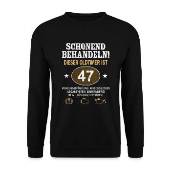 Schonend Behandeln Oldtimer Ist 47 Jahre 47. - Unisex Pullover - Schwarz - Vorne - Alina (178cm) & Michal (187cm)