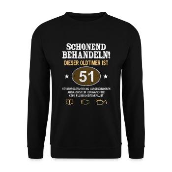 Schonend Behandeln Oldtimer Ist 51 Jahre 51. - Unisex Pullover - Schwarz - Vorne - Alina (178cm) & Michal (187cm)