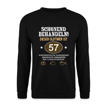 Schonend Behandeln Oldtimer Ist 57 Jahre 57. - Unisex Pullover - Schwarz - Vorne - Alina (178cm) & Michal (187cm)