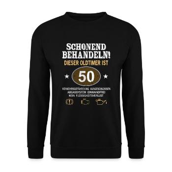 Schonend Behandeln Oldtimer Ist 50 Jahre 50. - Unisex Pullover - Schwarz - Vorne - Alina (178cm) & Michal (187cm)