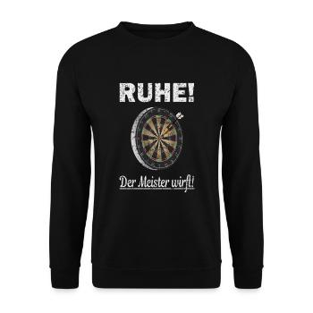 DART - RUHE - Der Meister wirft! - Ich spiele DART - Unisex Pullover - Schwarz - Vorne - Alina (178cm) & Michal (187cm)
