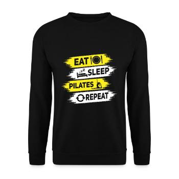 Eat sleep Pilates repeat lustiger Spruch - Unisex Pullover - Schwarz - Vorne - Alina (178cm) & Michal (187cm)