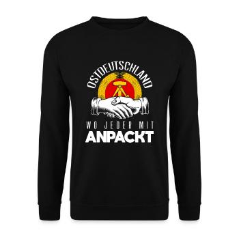 Cooles Ostdeutschland Spruch Motiv - Unisex Pullover - Schwarz - Vorne - Alina (178cm) & Michal (187cm)