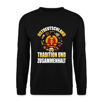 Cooles Ostdeutschland Spruch Motiv - Unisex Pullover - Schwarz - Vorne - Alina (178cm) & Michal (187cm)