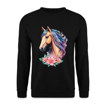 Blumen Pferd für Mädchen in Pastell Farbtönen - Unisex Pullover - Schwarz - Vorne - Alina (178cm) & Michal (187cm)