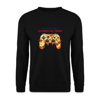 Pizza Gamer T-shirt | Wir Vertrauen Auf Spiele - Unisex Pullover - Schwarz - Vorne - Alina (178cm) & Michal (187cm)