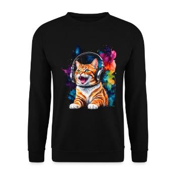 Katze Kopfhörer Bunt Lustig Tier Design Print - Unisex Pullover - Schwarz - Vorne - Alina (178cm) & Michal (187cm)