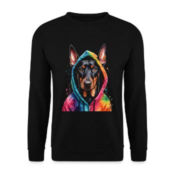 Dobermann Hoodie Hund Bunt Lustig Tier Print - Unisex Pullover - Schwarz - Vorne - Alina (178cm) & Michal (187cm)