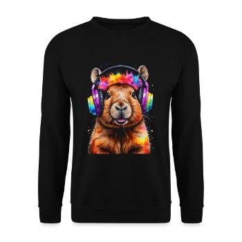 Capybara Kopfhörer Capy Bunt Tier Design Print - Unisex Pullover - Schwarz - Vorne - Alina (178cm) & Michal (187cm)