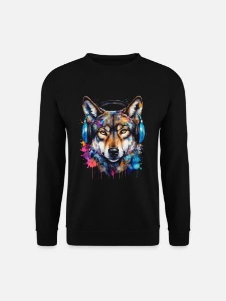 Wolf Kopfhörer Musik Bunt Tier Design Print - Unisex Pullover - Schwarz