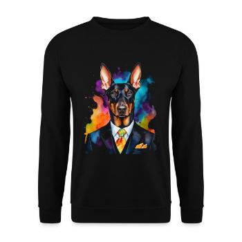 Dobermann Anzug Hund Bunt Lustig Tier Design Print - Unisex Pullover - Schwarz - Vorne - Alina (178cm) & Michal (187cm)
