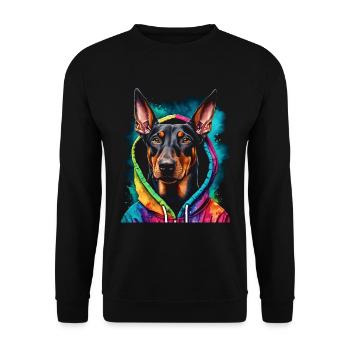 Dobermann Hoodie Hund Bunt Lustig Tier Print - Unisex Pullover - Schwarz - Vorne - Alina (178cm) & Michal (187cm)