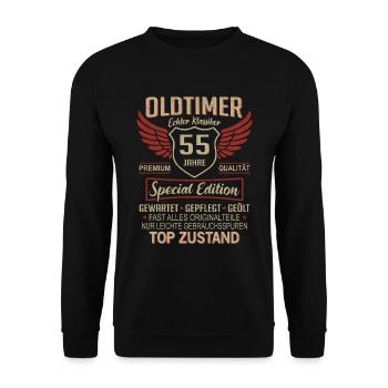 55. Geburtstag 55 Jahre Einzigartiger Oldtimer - Unisex Pullover - Schwarz - Vorne - Alina (178cm) & Michal (187cm)