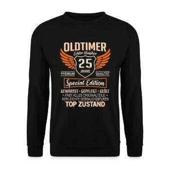 25. Geburtstag 25 Jahre Einzigartiger Oldtimer - Unisex Pullover - Schwarz - Vorne - Alina (178cm) & Michal (187cm)