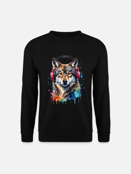 Wolf Kopfhörer Musik Bunt Tier Design Print - Unisex Pullover - Schwarz