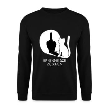 Erkenne die Zeichen - Mittelfinger Katzen Spruch - Unisex Pullover - Schwarz - Vorne - Alina (178cm) & Michal (187cm)