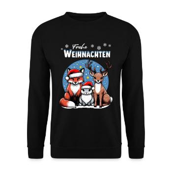 Fuchs Hase und Hirsch wünschen Frohe Weihnachten - Unisex Pullover - Schwarz - Vorne - Alina (178cm) & Michal (187cm)