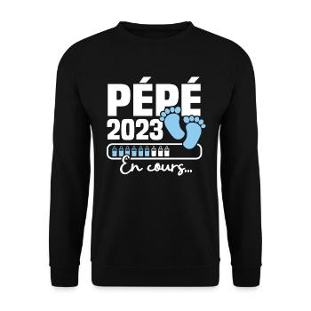 Pépé 2023 en cours, Cadeau Futur Papy - Sweat-shirt Unisexe - noir - Devant - Alina (178cm) & Michal (187cm)