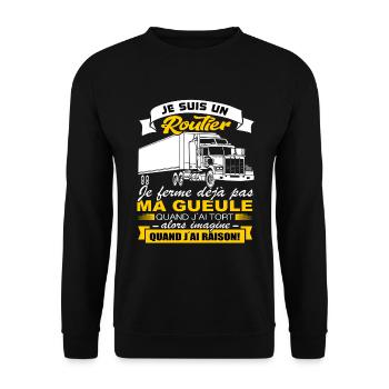 Routier Shirt • Je ferme pas ma gueule • Cadeau - Sweat-shirt Unisexe - noir - Devant - Alina (178cm) & Michal (187cm)