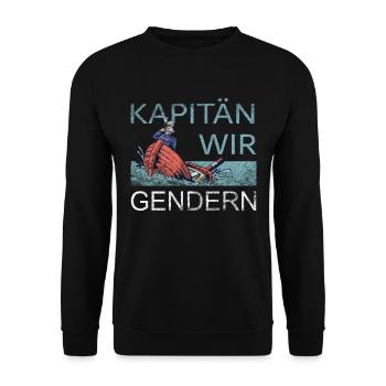 Kapitän wir Gendern - Lustiges Sprüche Sächsisch - Unisex Pullover - Schwarz - Vorne - Alina (178cm) & Michal (187cm)