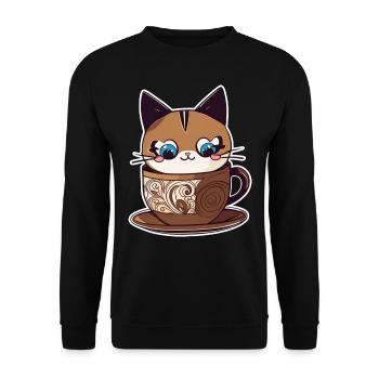 Niedliche Kaffee Katze - Unisex Pullover - Schwarz - Vorne - Alina (178cm) & Michal (187cm)
