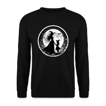 Hexe mit junger Hexe und Fledermäusen vorm Mond - Unisex Pullover - Schwarz - Vorne - Alina (178cm) & Michal (187cm)
