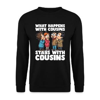 WAS MIT COUSINS UND COUSINEN PASSIERT, BLEIBT BEI COUSINS UND COUSINEN - Unisex Pullover - Schwarz - Vorne - Alina (178cm) & Michal (187cm)