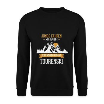 Jungs fahren mit dem Lift - echte Männer Tourenski - Unisex Pullover - Schwarz - Vorne - Alina (178cm) & Michal (187cm)