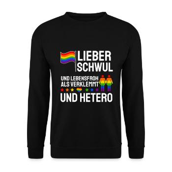 Lieber Schwul Und Lebensfroh Als Verklemmt Hetero - Unisex Pullover - Schwarz - Vorne - Alina (178cm) & Michal (187cm)