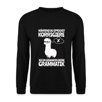 Während du sprichst korrigiere ich deine Grammatik - Unisex Pullover - Schwarz - Vorne - Alina (178cm) & Michal (187cm)