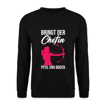 Bringt der Chefin Pfeil und Bogen Bogenschützin - Unisex Pullover - Schwarz - Vorne - Alina (178cm) & Michal (187cm)
