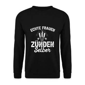 Echte Frauen zünden selber Pyrotechniker Feuerwerk - Unisex Pullover - Schwarz - Vorne - Alina (178cm) & Michal (187cm)