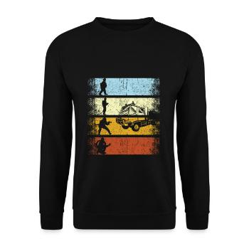 Retro Feuerwehr Feuerwehrmann Firefighter - Unisex Pullover - Schwarz - Vorne - Alina (178cm) & Michal (187cm)