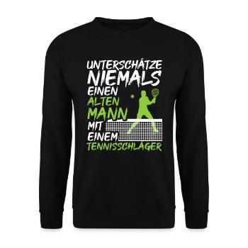 Alter Mann mit einem Tennisschläger | Tennis Shirt - Unisex Pullover - Schwarz - Vorne - Alina (178cm) & Michal (187cm)