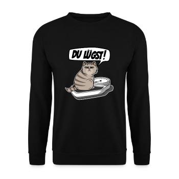 Lustige Dicke Katze auf Waage - Spruch: Du Lügst! - Unisex Pullover - Schwarz - Vorne - Alina (178cm) & Michal (187cm)