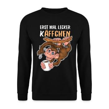 Erst mal lecker Käffchen niedlich Affe mit Kaffee - Unisex Pullover - Schwarz - Vorne - Alina (178cm) & Michal (187cm)