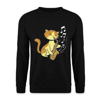 Süße Katze spielt Saxofon Saxophone Saxofonist - Unisex Pullover - Schwarz - Vorne - Alina (178cm) & Michal (187cm)