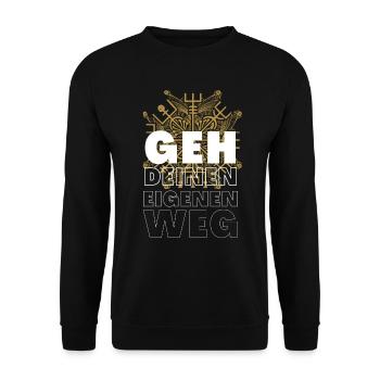 Wegweiser VEGVISIR - GEH DEINEN EIGENEN WEG - Unisex Pullover - Schwarz - Vorne - Alina (178cm) & Michal (187cm)