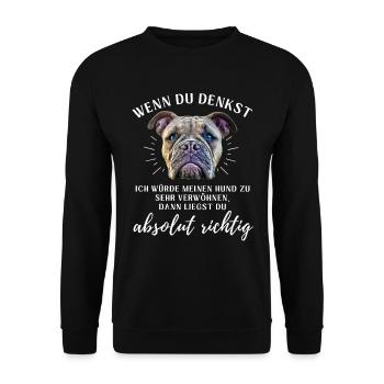 BULLDOGGE VERWÖHNEN Bulldog Bulldogge Bulldoggen - Unisex Pullover - Schwarz - Vorne - Alina (178cm) & Michal (187cm)