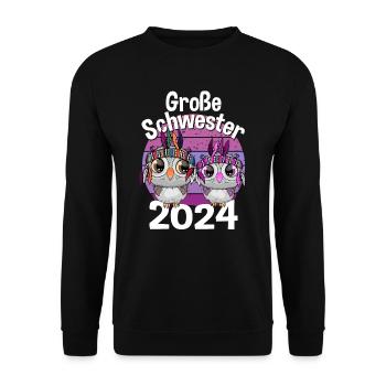 Mädchen Kinder Große Schwester 2024 Eulen Eule - Unisex Pullover - Schwarz - Vorne - Alina (178cm) & Michal (187cm)