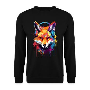 Bunter Fuchs mit Kopfhörer - Unisex Pullover - Schwarz - Vorne - Alina (178cm) & Michal (187cm)