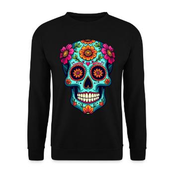 Floraler Zuckerschädel – Farbenfrohe Kunst zum Tag der Toten - Unisex Pullover - Schwarz - Vorne - Alina (178cm) & Michal (187cm)