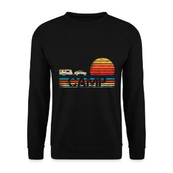 Camping Wohnmobil Vintage im Wohnwagen Caravan - Unisex Pullover - Schwarz - Vorne - Alina (178cm) & Michal (187cm)