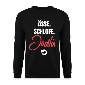 Essen, schlafen, jodeln, repeat! - Unisex Pullover - Schwarz - Vorne - Alina (178cm) & Michal (187cm)
